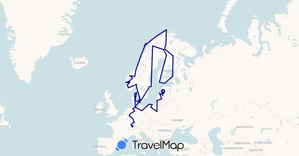 TravelMap itinerary: driving in Switzerland, Germany, Denmark, Finland, Lithuania, Latvia, Norway, Poland, Sweden (Europe)